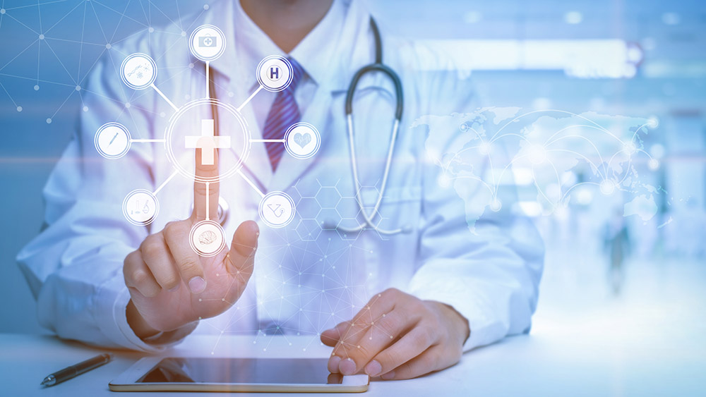Close up of Doctor is touching digital virtual screen for analytics Medical data , Medical technology concept
